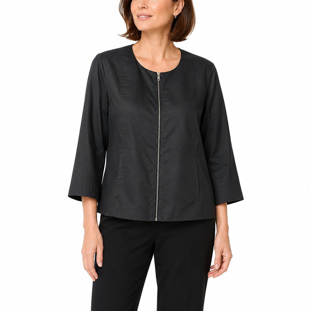 Eileen Fisher Women's L Black Ramie Zip Jacket Silk Lined 3/4 Sleeve